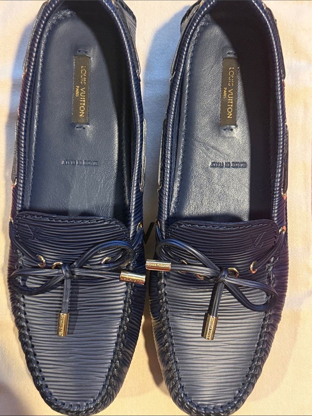 Louis Vuitton Navy Epi Leather Moccasins with Gold Accents